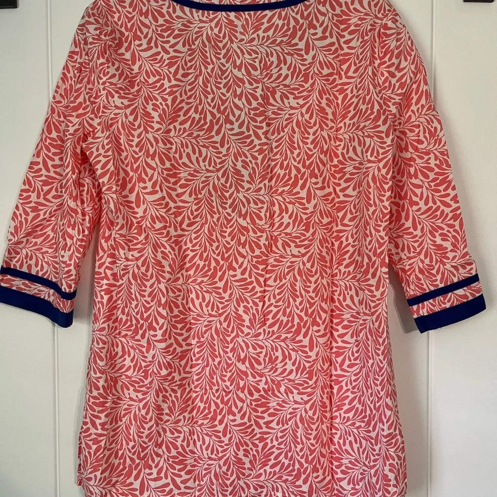 J. Crew Coral and Navy Leaf Tunic